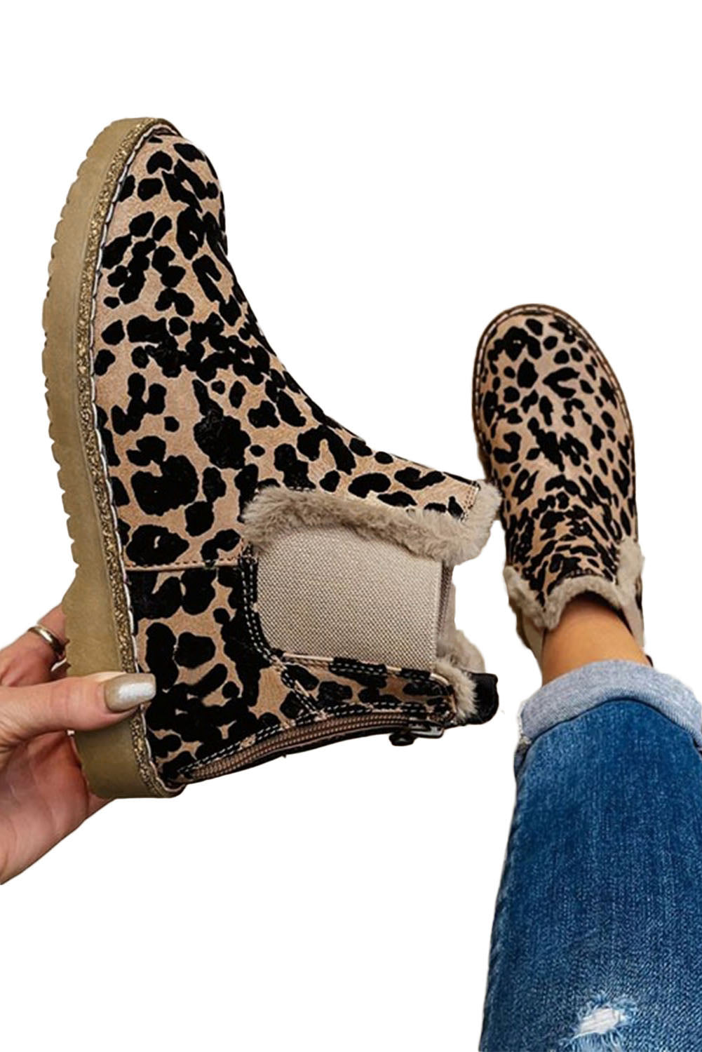 Leopard Zip Up Fleece Lining Chelsea Boots