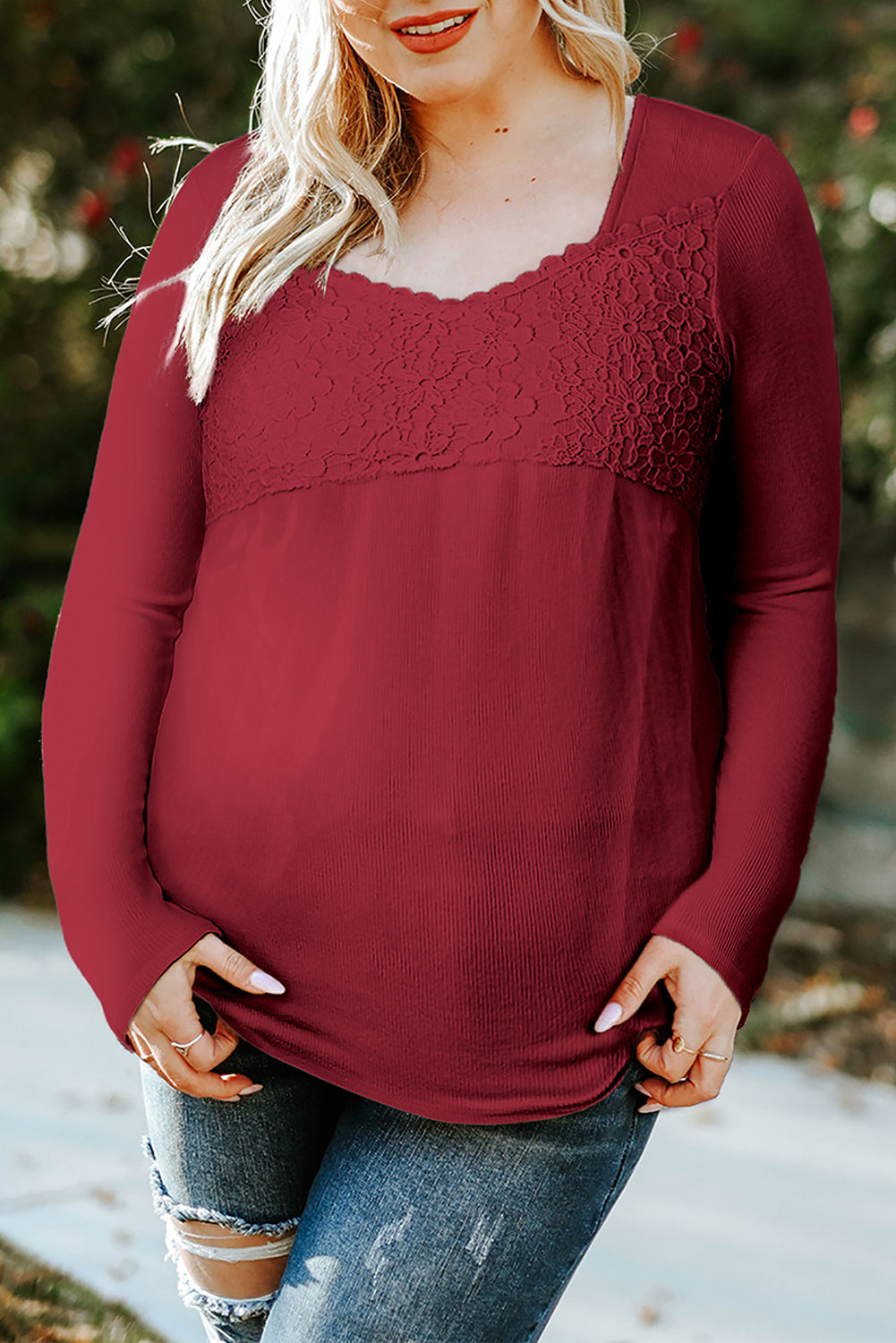 Red Lace Crochet V Neck Long Sleeve Top