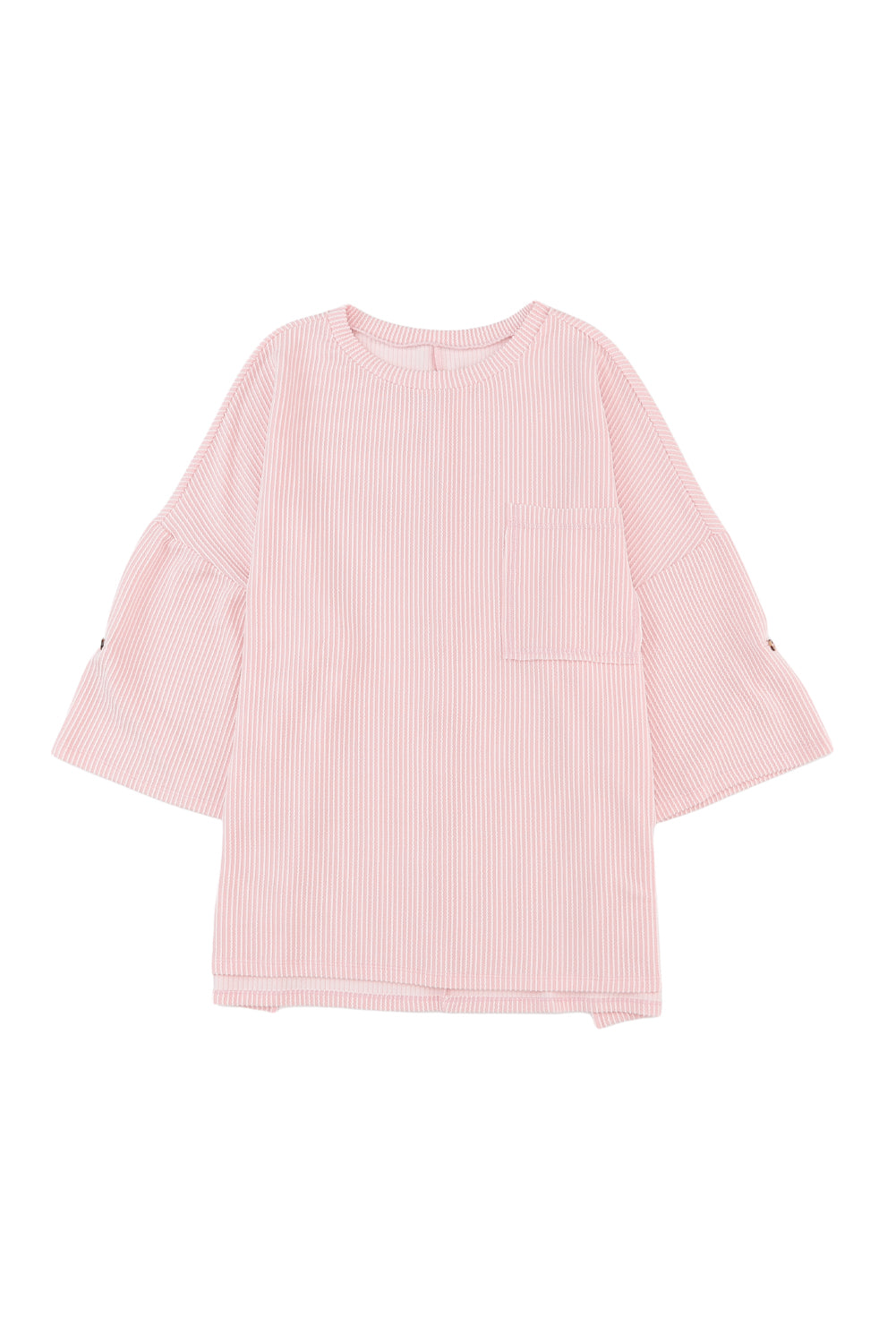 Pink Ribbed Roll-tab Sleeve Chest Pocket Oversize Top