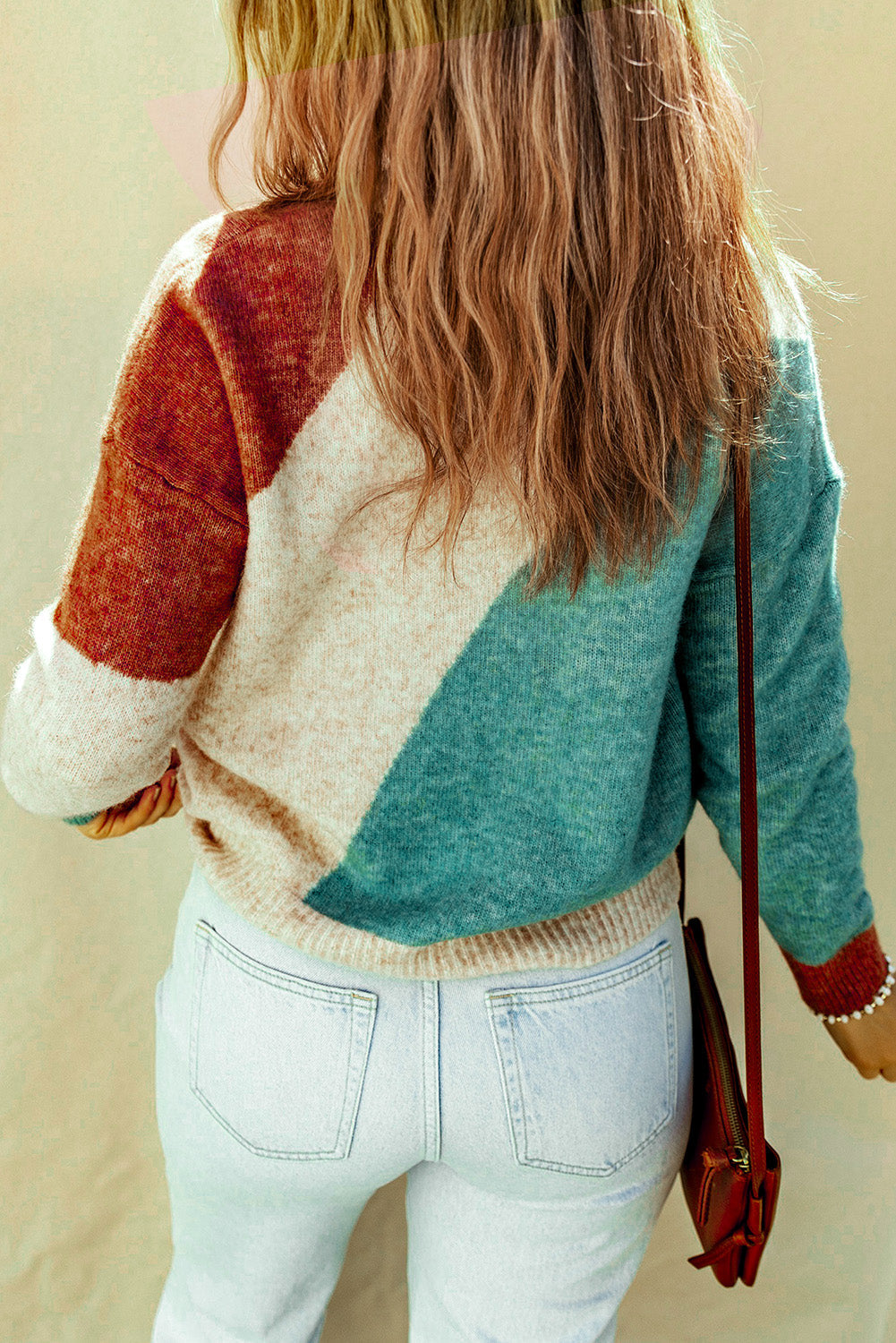 Multicolor Colorblock Ribbed Trim Round Neck Sweater