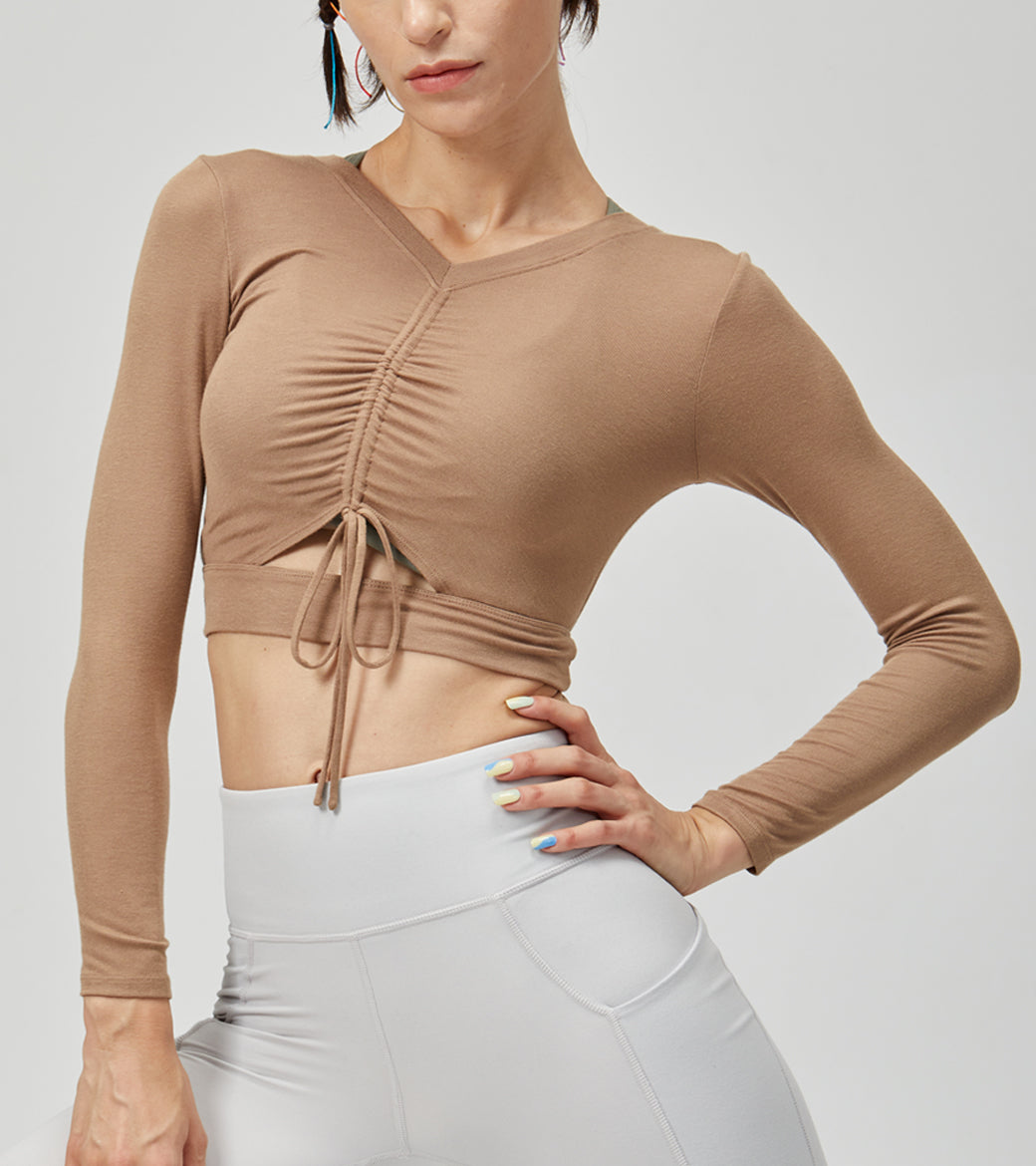LOVESOFT Womens Khaki Thin Drawstring Adjustable Long Sleeve Top