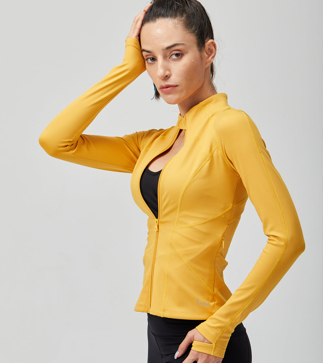 LOVESOFT Womens Yellow Side Pocket Thermal Gym Jacket With Zipper