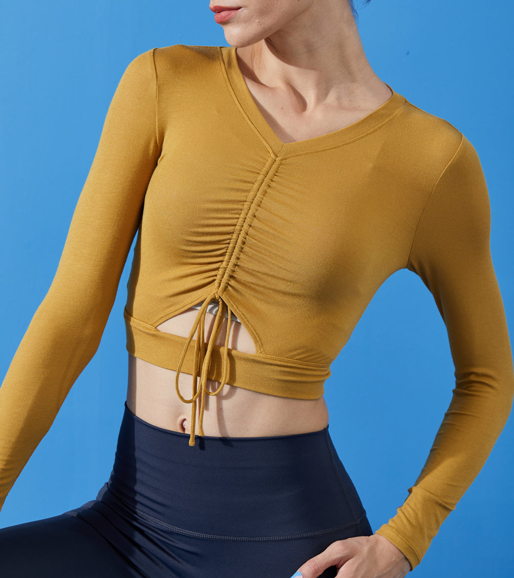 LOVESOFT Womens Yellow Thin Drawstring Adjustable Long Sleeve Top