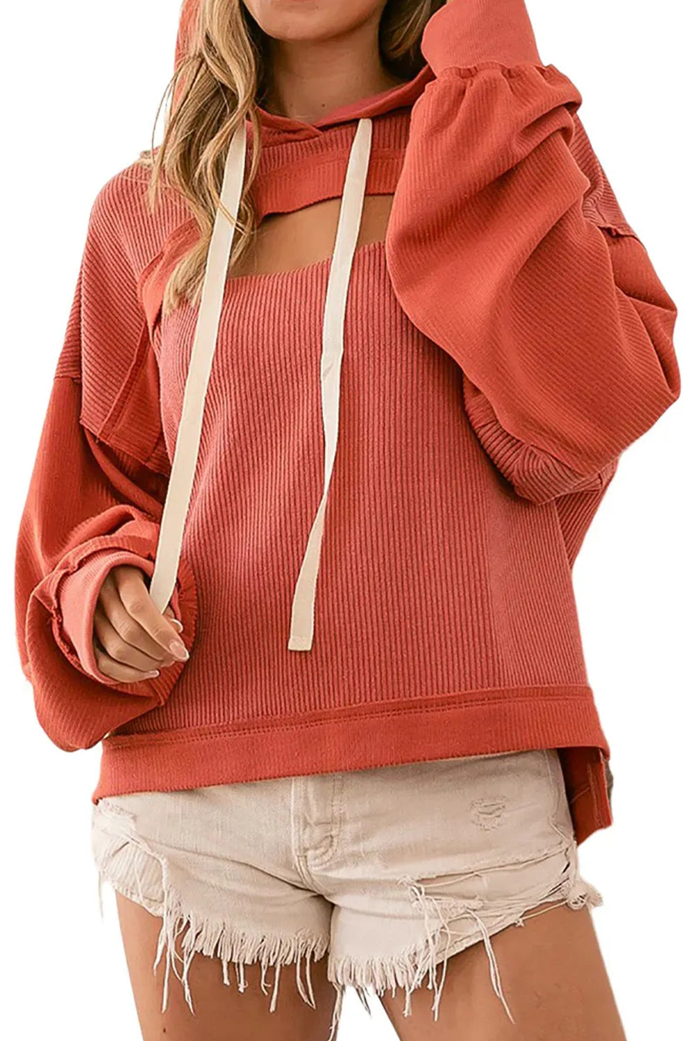 Orange Cut out Bust High Low Ribbed Hoodie