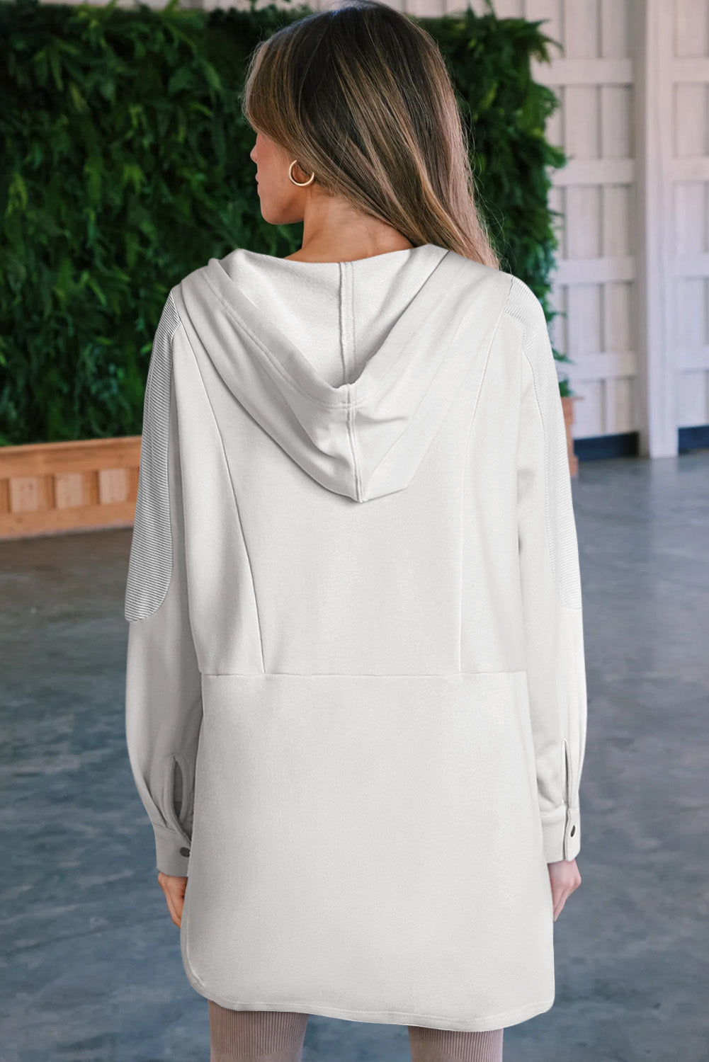 White Patchwork Side Pockets Oversized Henley Hoodie