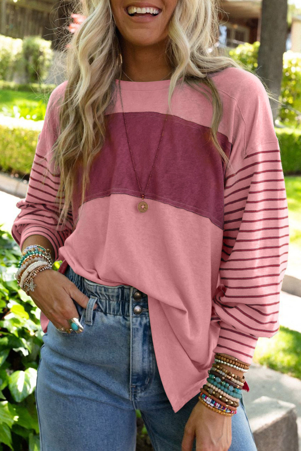 Peach Blossom Colorblock Striped Bishop Sleeve Top