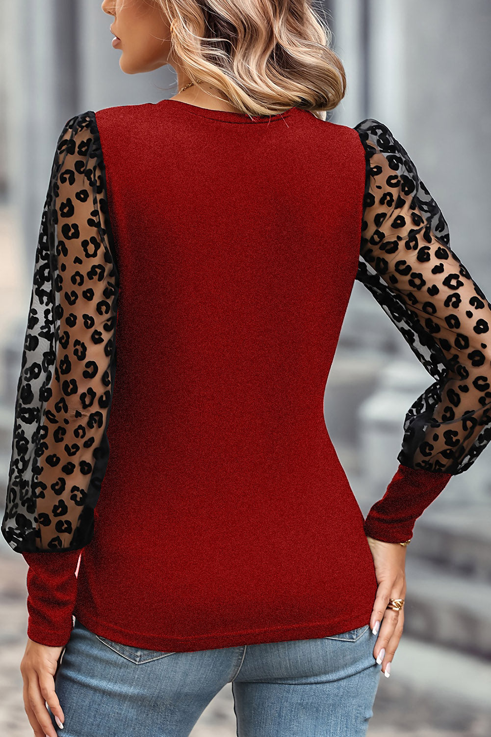 Ruby Leopard Mesh Puff Sleeve Patchwork Slim Fit Top