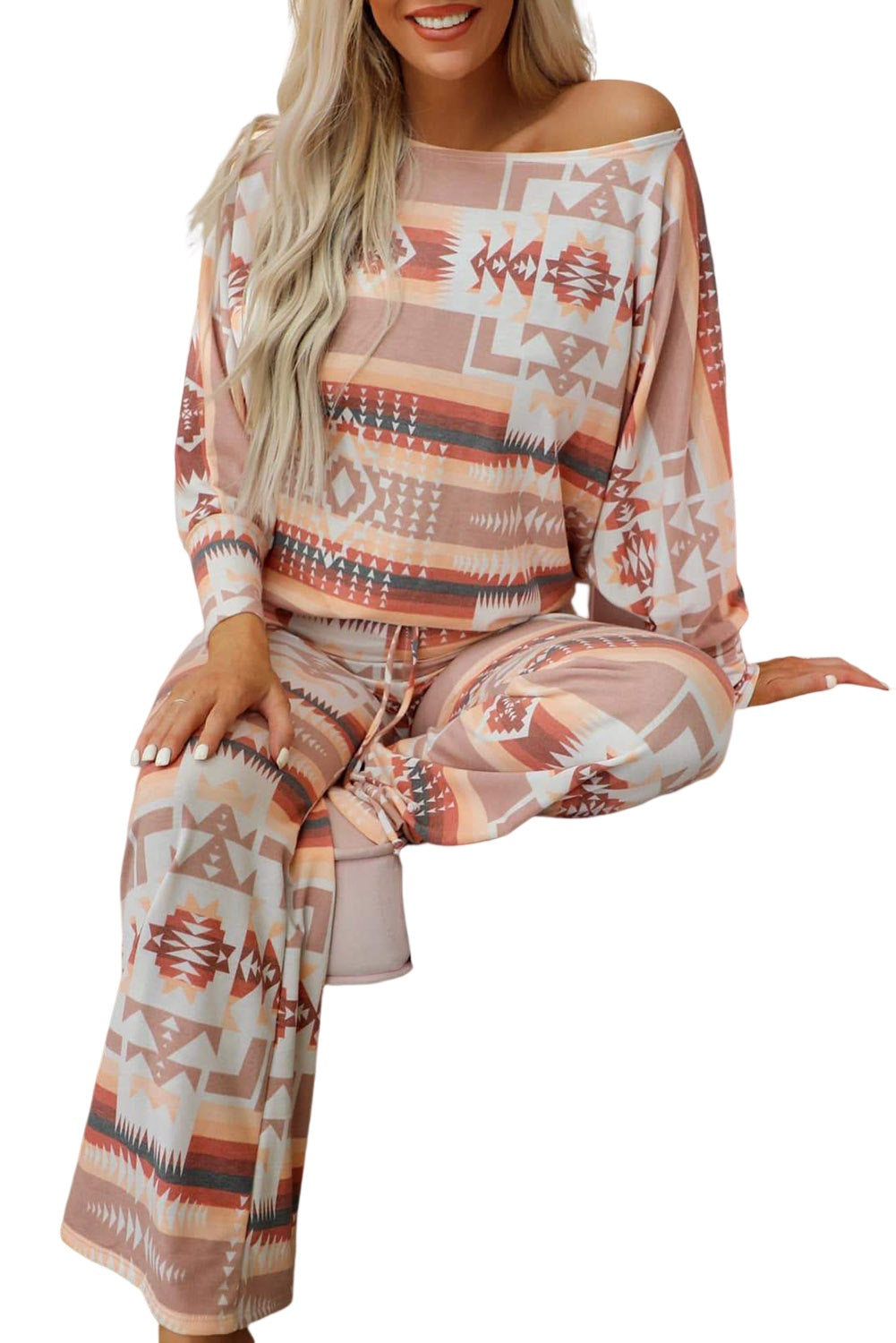 Multicolour Aztec Print Puff Sleeve Pullover and Pants Lounge Outfit