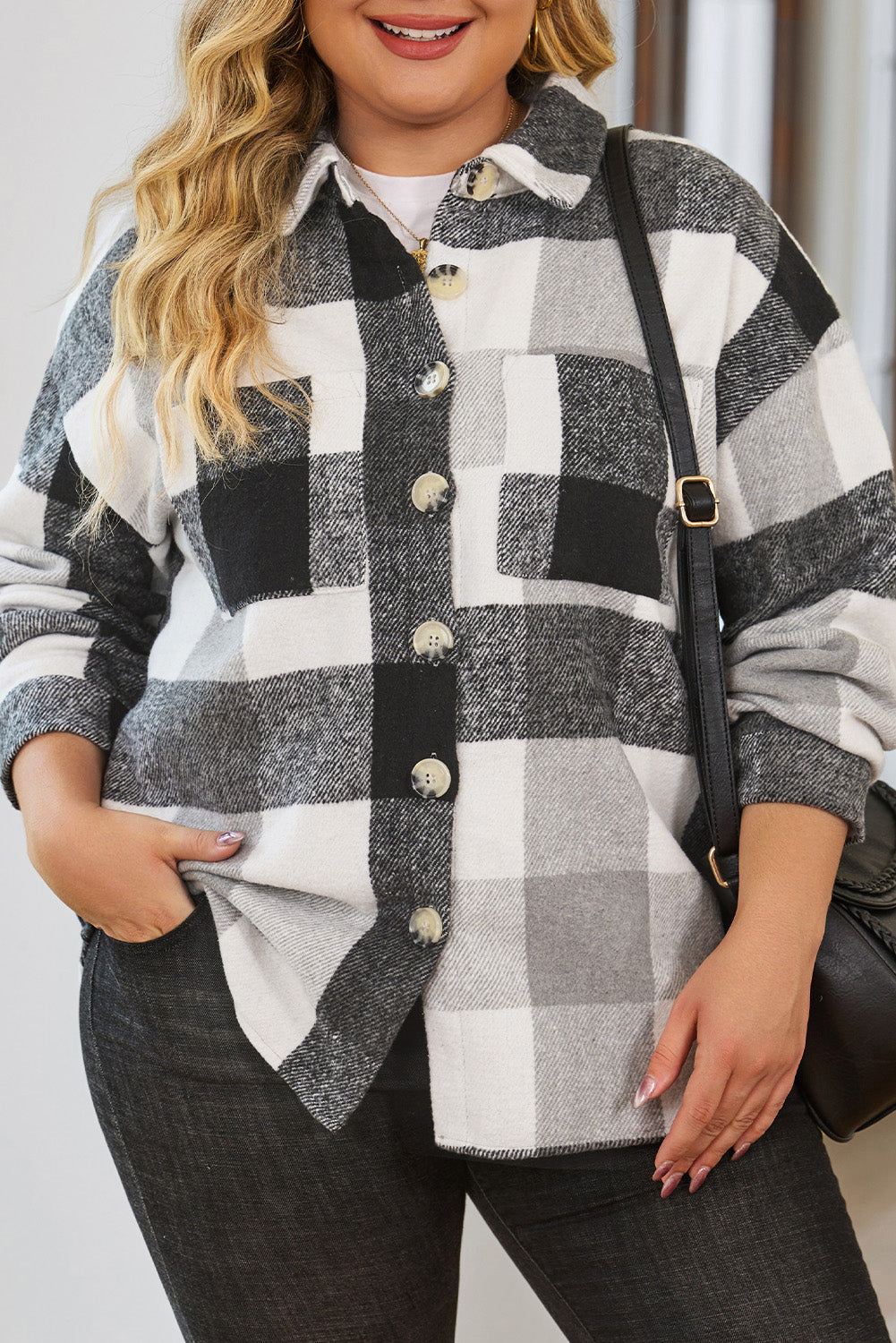 Gray Plus Size Checkered Button-Up Shacket