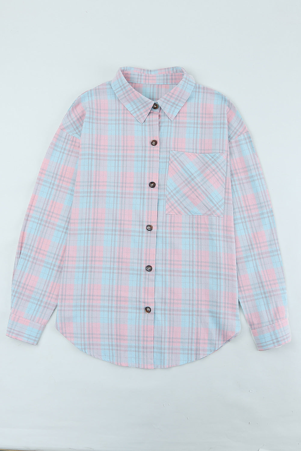Pink Collared Neckline Plaid Pattern Long Sleeve Shirt