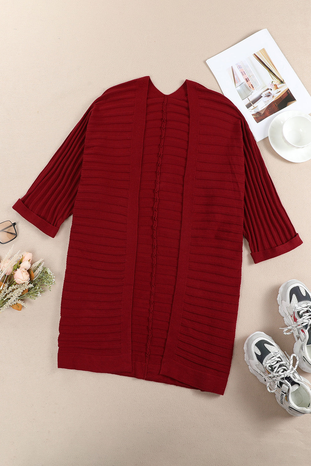 Red Ribbed Open Front Knit Cardigan