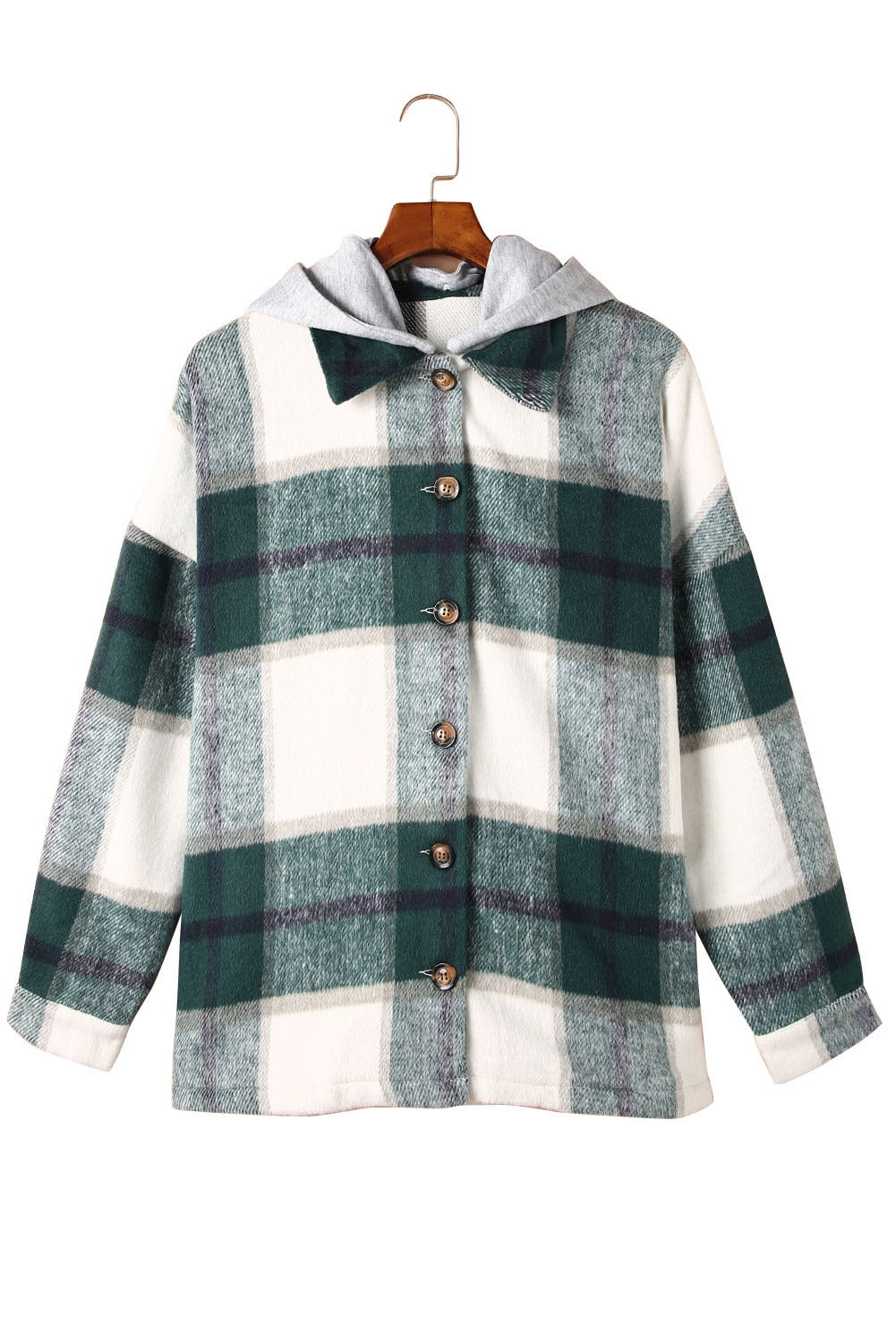 Green Hooded Plaid Button Front Shacket