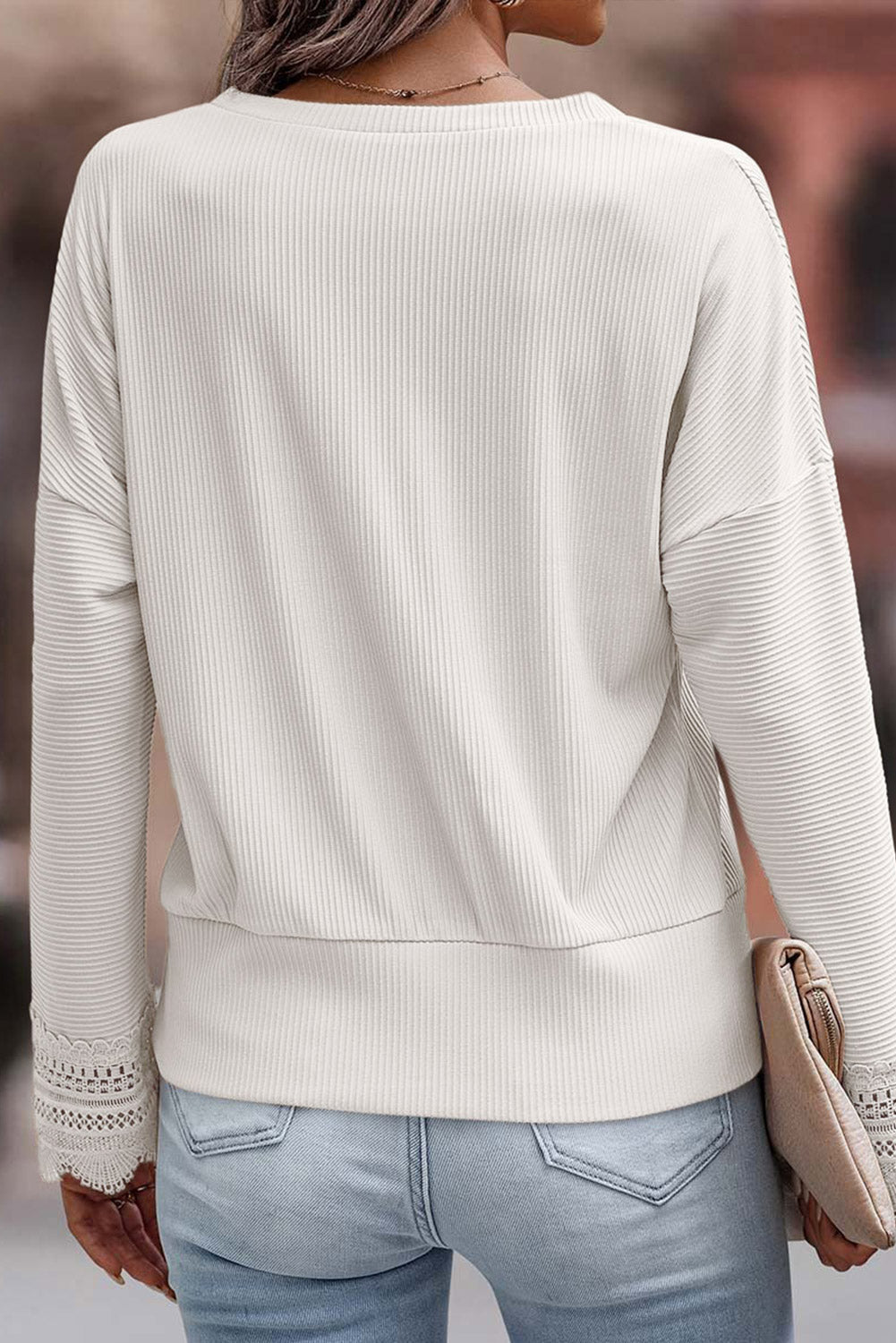 White Ribbed Texture Lace Trim V Neck Long Sleeve Top