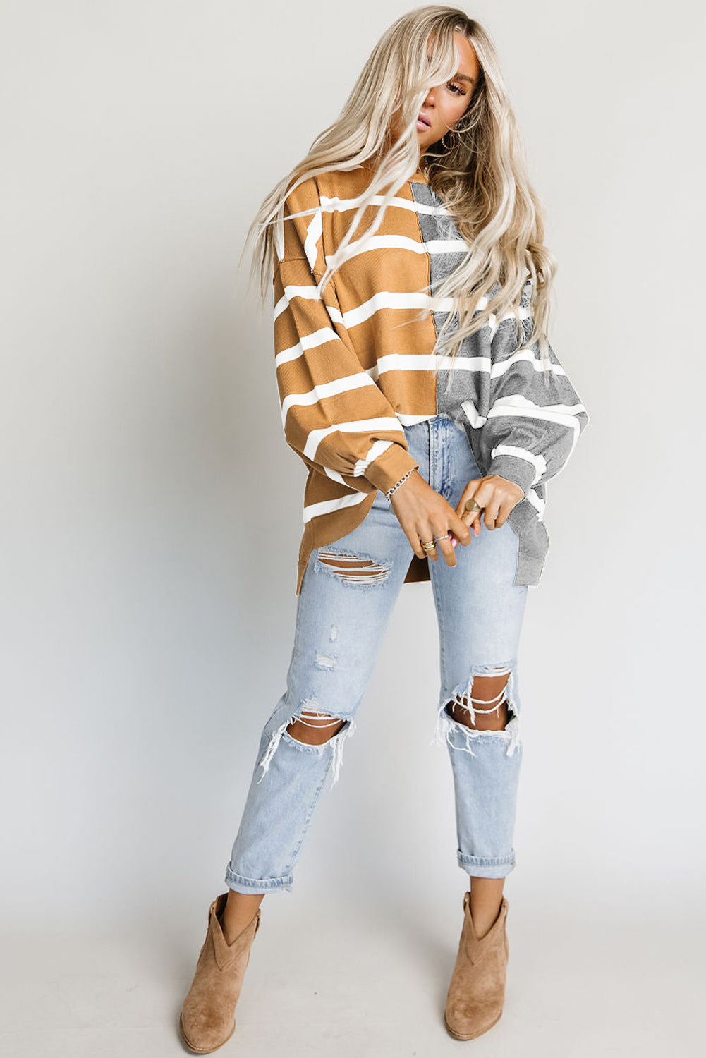 Gray Oversized Contrast Printed Dropped Shoulder Top