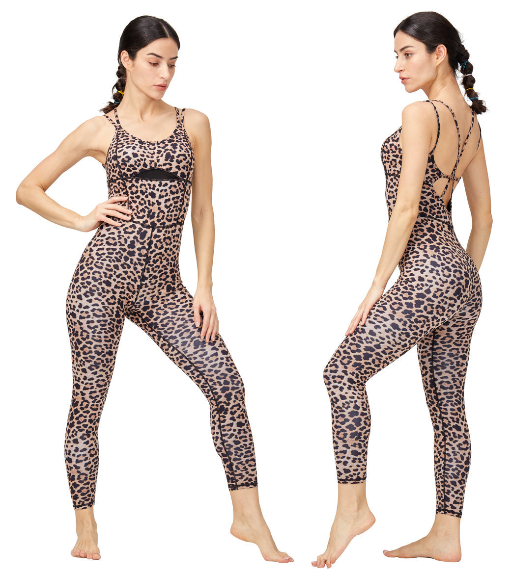 LOVESOFT Leopard Sleevesless Backless Cross Yoga Bodycon Rompers