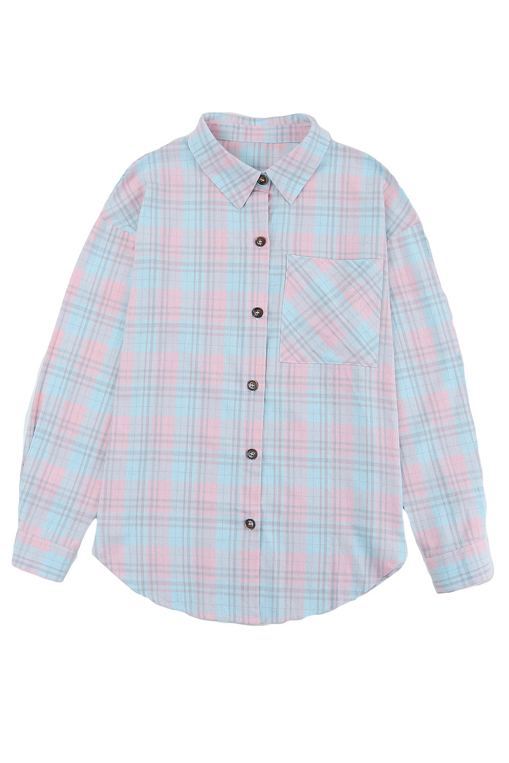 Pink Collared Neckline Plaid Pattern Long Sleeve Shirt