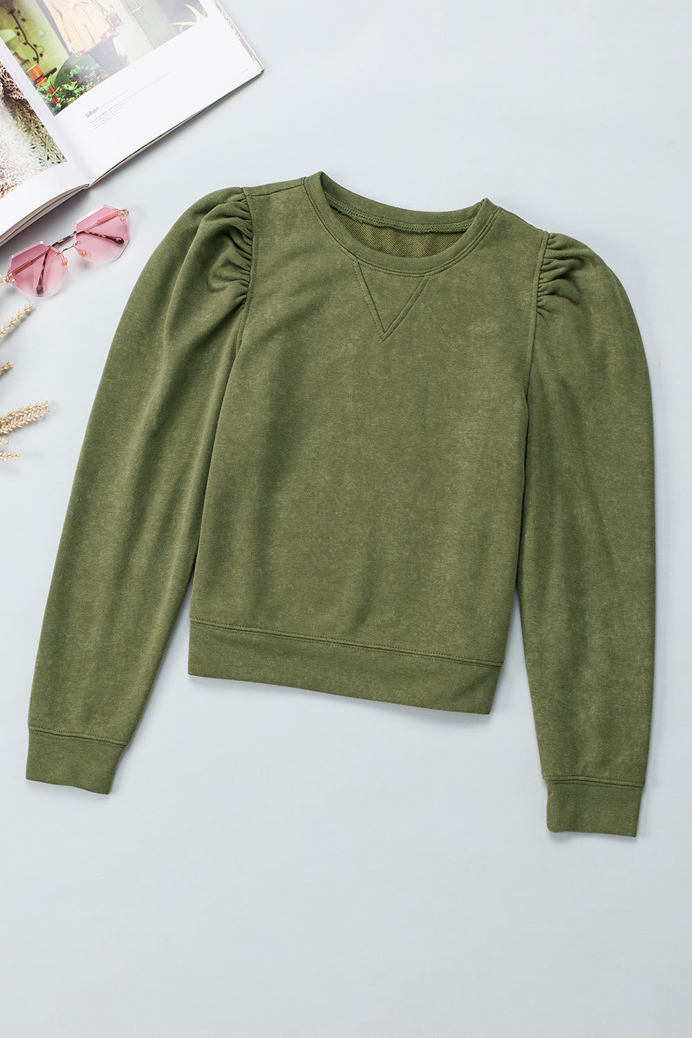 Green Vintage Washed Puff Sleeve Sweatshirt