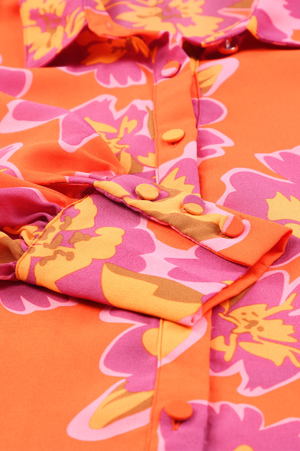 Orange Floral Print Lantern Sleeve Shirt