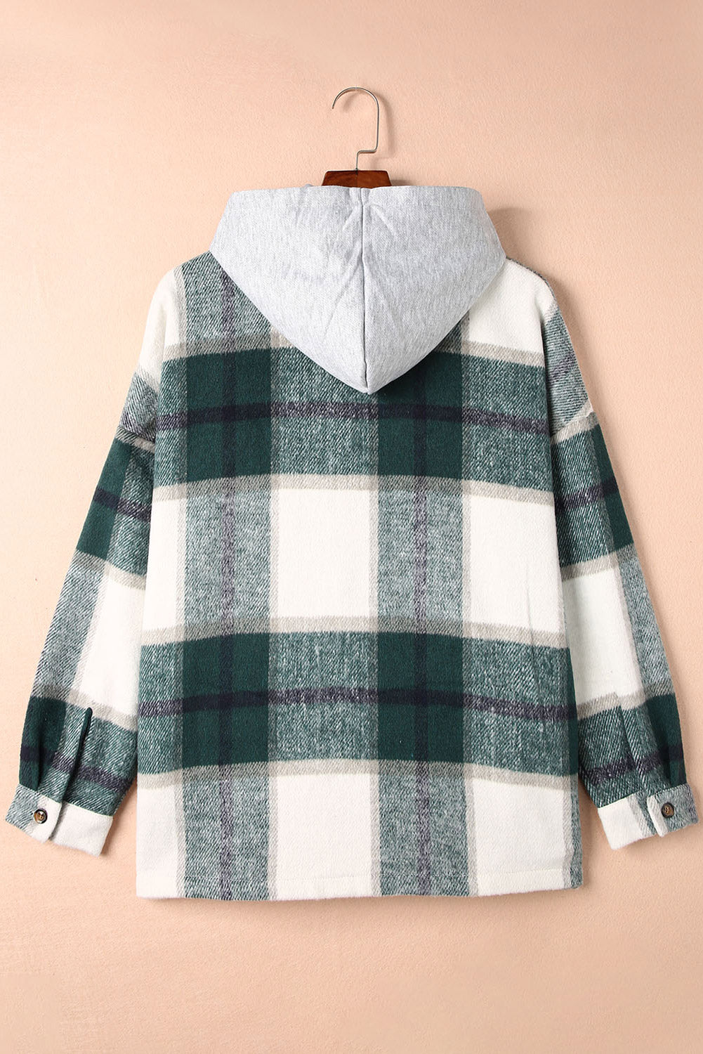 Green Hooded Plaid Button Front Shacket