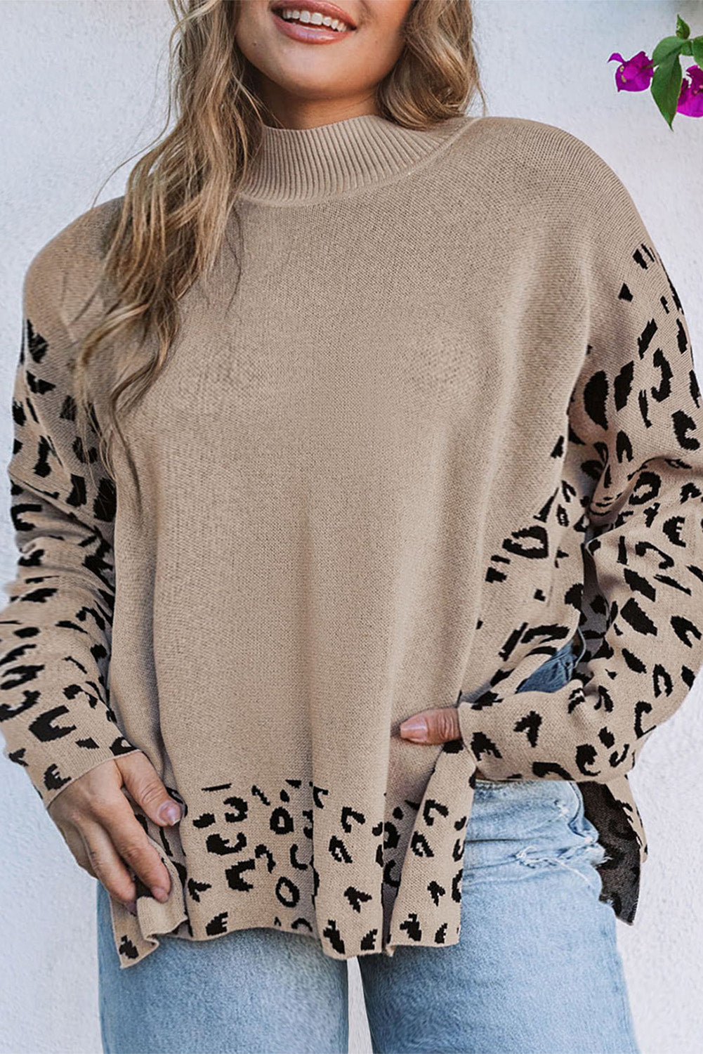 Khaki Plus Size Leopard Patchwork High Neck Sweater