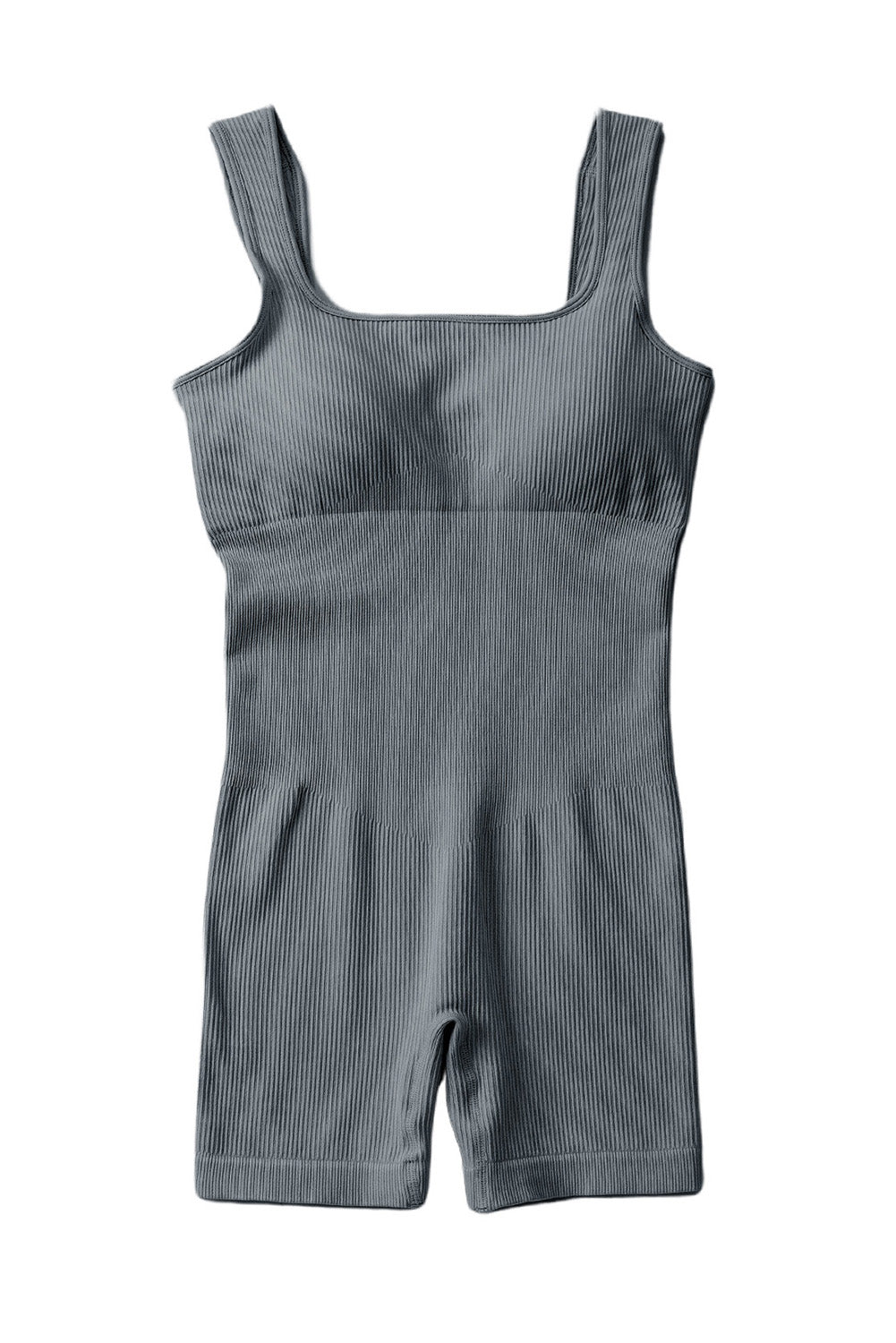 Gray Ribbed Square Neck Padded Sports Romper