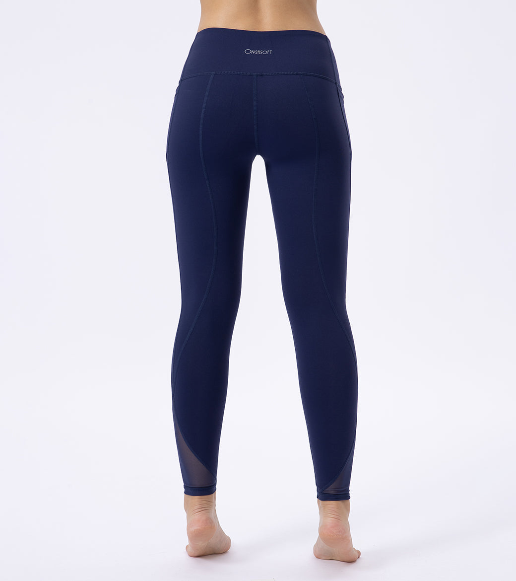 LOVESOFT Womens Navy Side Pockets Yoga Lggings With Mesh Sides