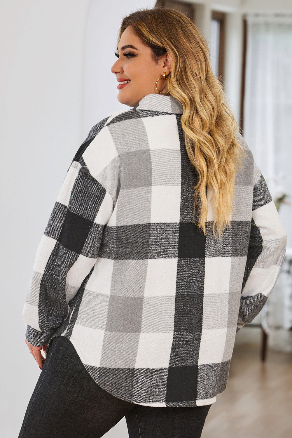 Gray Plus Size Checkered Button-Up Shacket