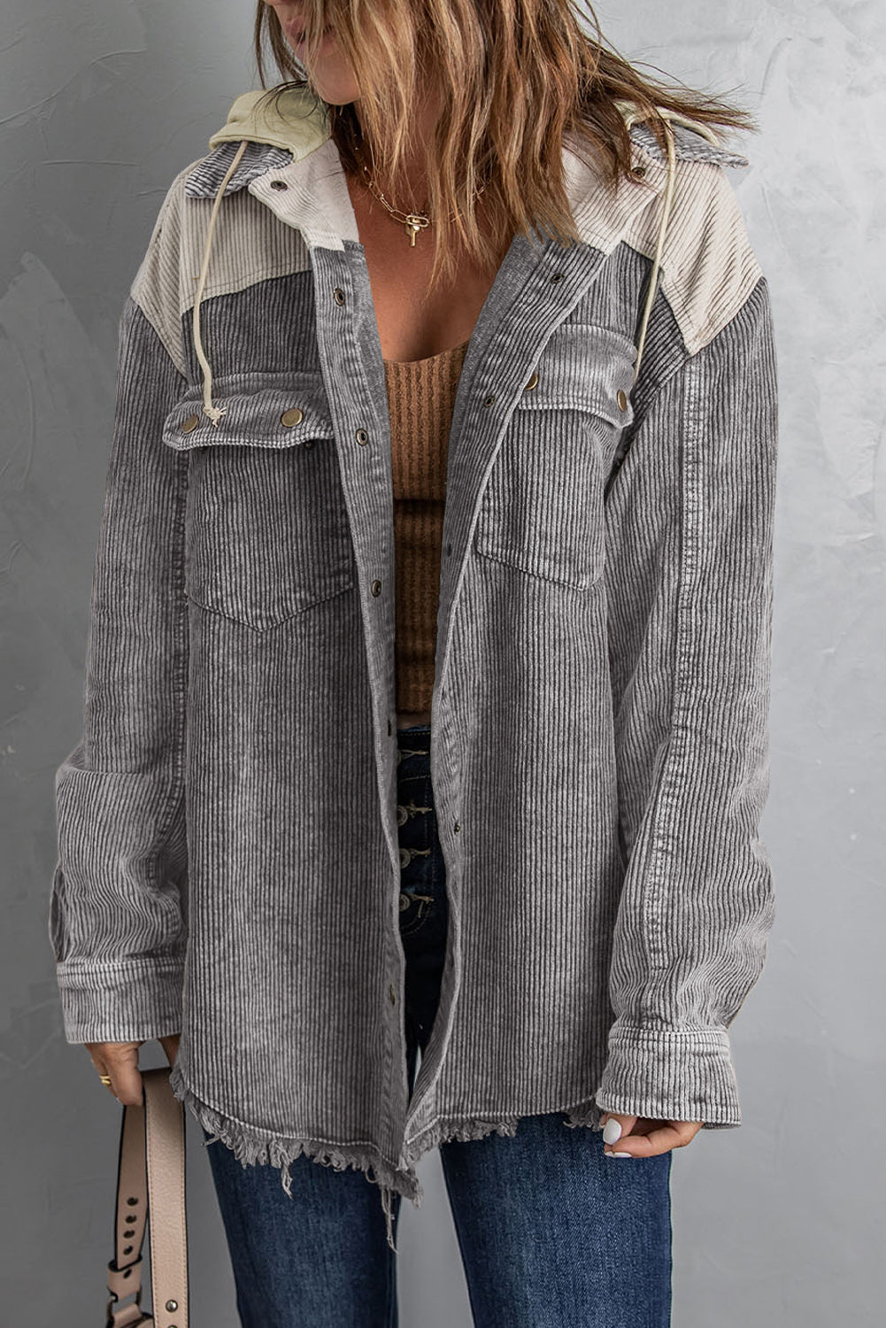 Gray Color Block Button Down Hooded Corduroy Jacket