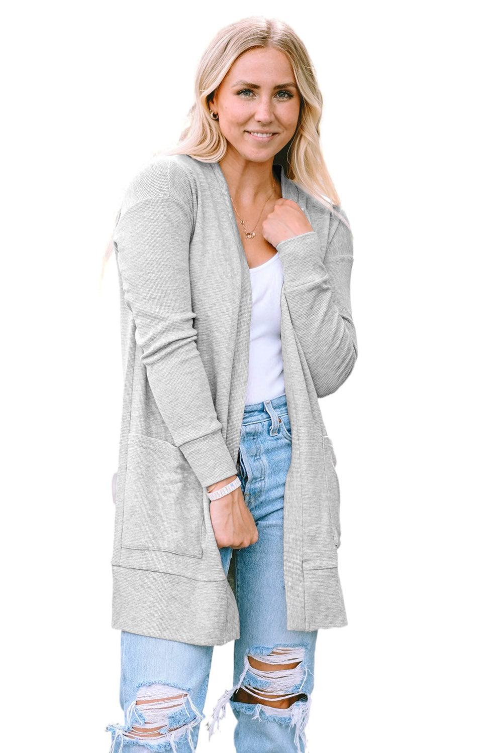 Light Gray Thermal Waffle Knit Pocketed Cardigan