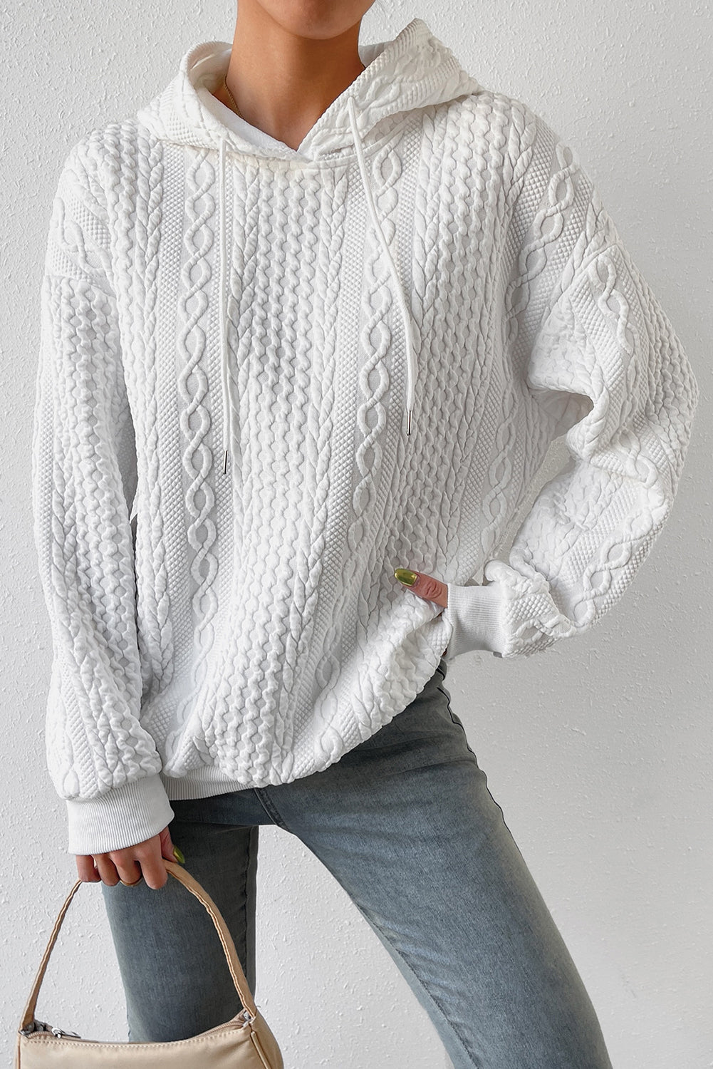White Cable Textured Casual Drawstring Hoodie