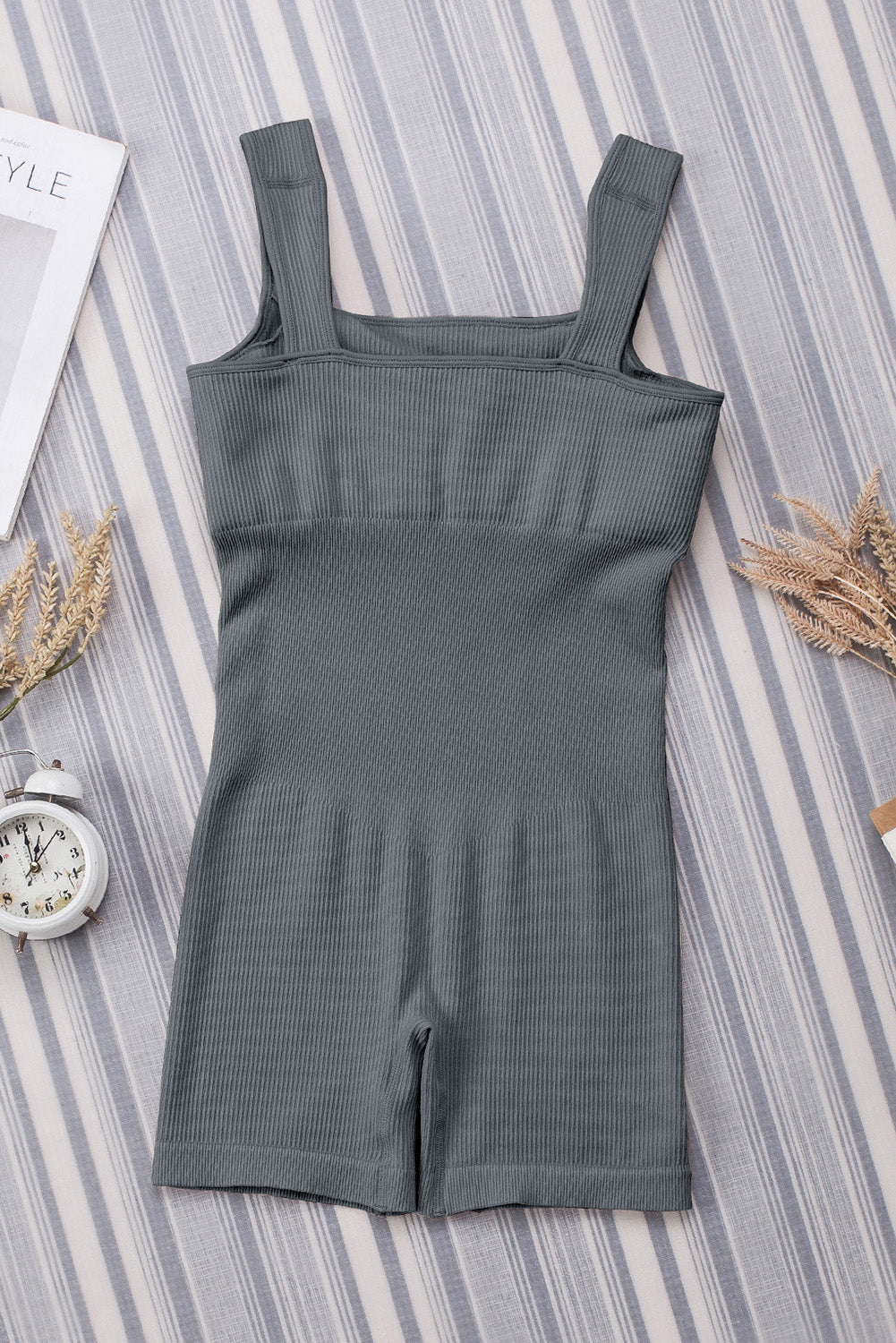 Gray Ribbed Square Neck Padded Sports Romper