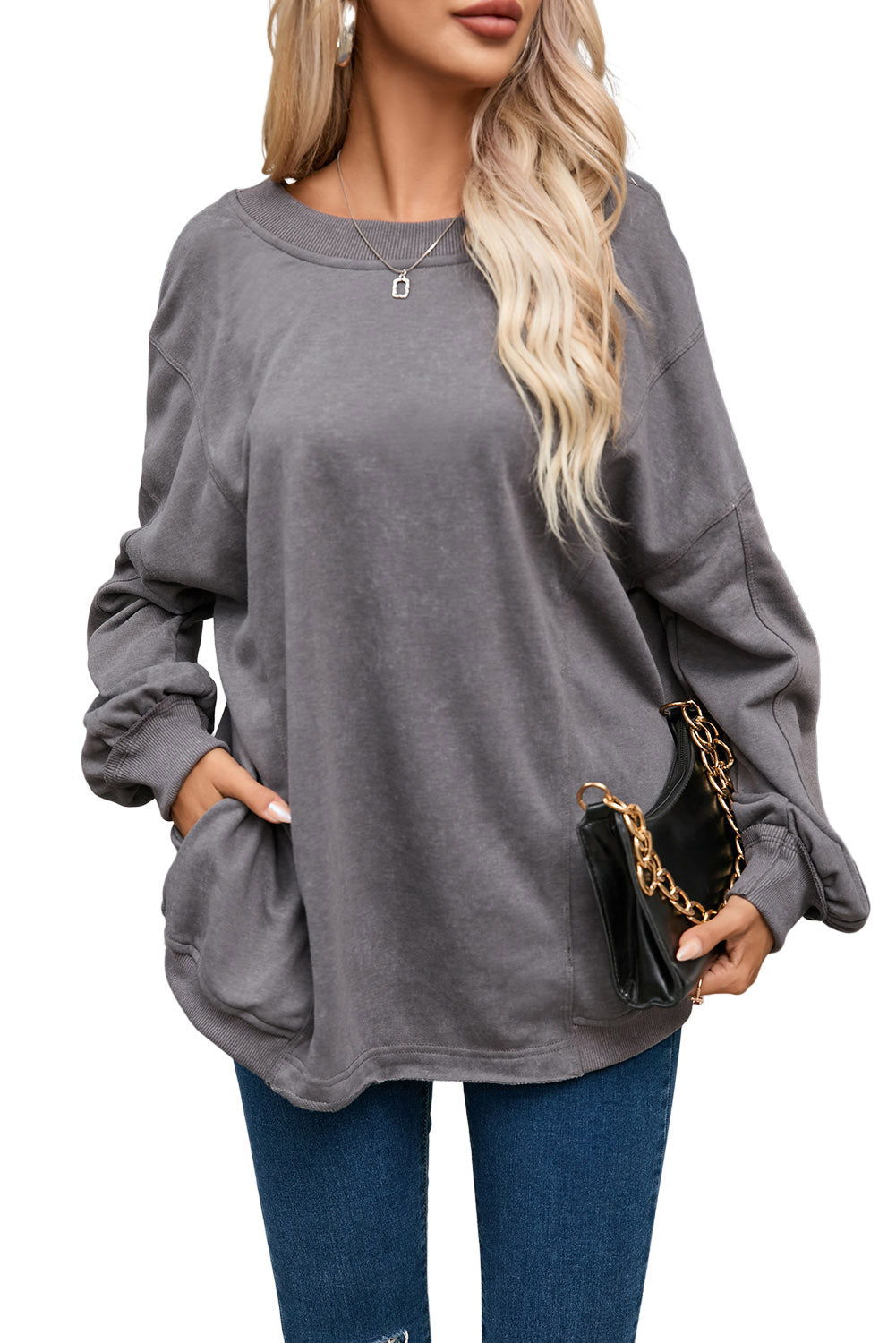 Gray Exposed Seam Twist Open Back Oversized Sweatshirt