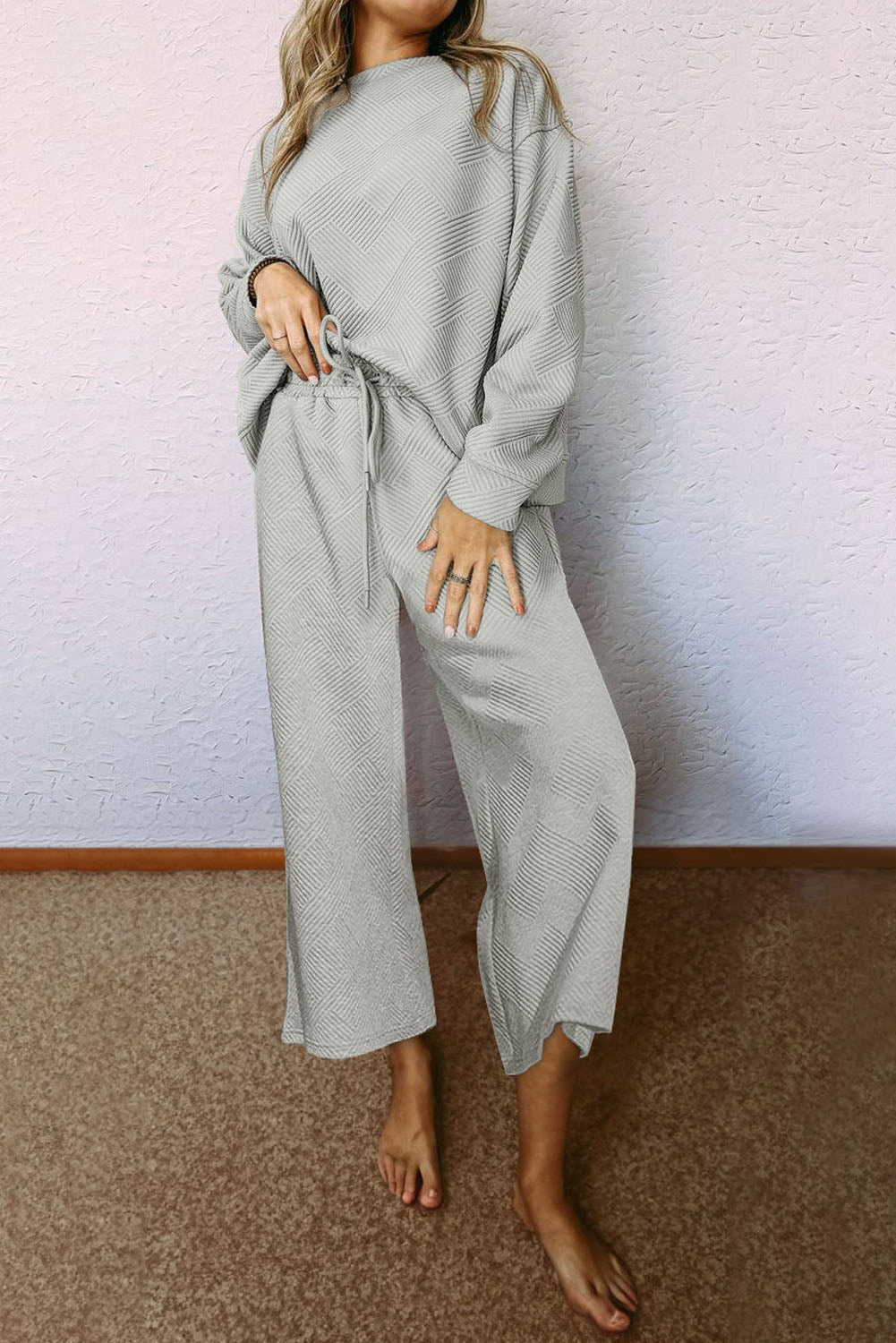 Gray Ultra Loose Textured 2pcs Slouchy Outfit