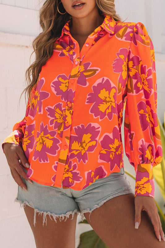 Orange Floral Print Lantern Sleeve Shirt