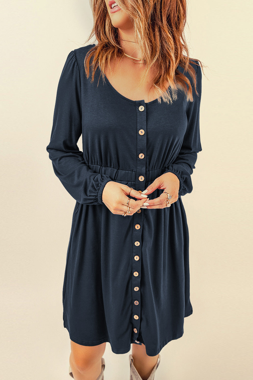 Dark Blue Button Up High Waist Long Sleeve Dress