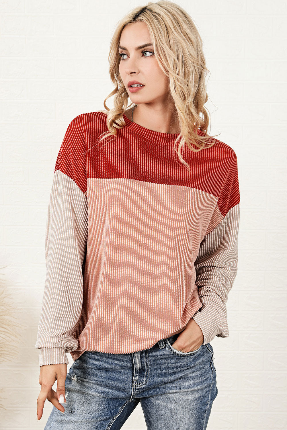 Red Color Block Long Sleeve Ribbed Loose Top