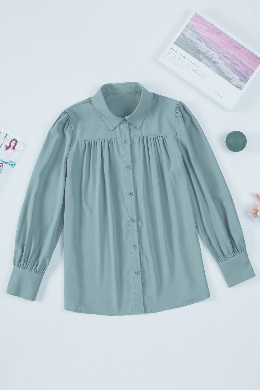 Sky Blue Solid Color Button Up Puff Sleeve Blouse